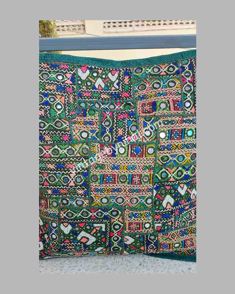 Green Vintage Soof and Mirror Hand Embroidered Patchwork Cushion Cover 